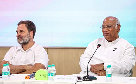 Congress leaders Rahul Gandhi and Mallikarjun Kharge