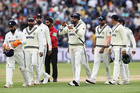 India players walk off the field after registering their maiden Test win at Edgbastion in Birmingham on Sunday