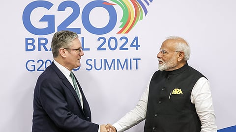 Prime Minister Narendra Modi meets with his British counterpart Keir Starmer on the sidelines of the G20 summit in Brazil's Rio de Janeiro, Nov. 19, 2024.