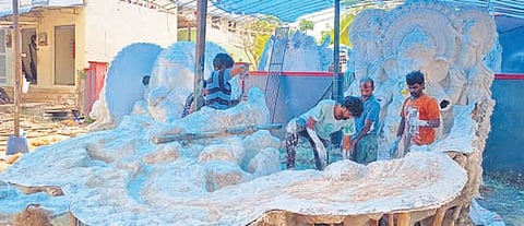 Artisans involved in making PoP Ganesh idols at Machilipatnam.