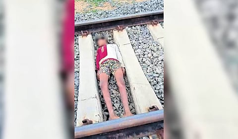 Video grab of the stunt on railway track