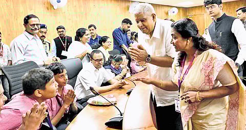 Vice-President Jagdeep Dhankhar welcomes differently-abled students who came to meet him under the leadership of the Centre for Empowerment and Enrichment. The vice-president’s wife Dr Sudheshna and CEE chairperson Dr Mary Anitha are also seen