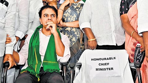 BRS working president KT Rama Rao sits next to an empty chair at Somajiguda Press Club in Hyderabad on Tuesday