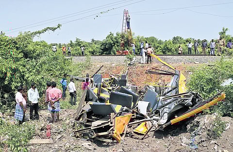 Three children were killed after a train rammed into their school van, as the vehicle attempted to pass through a manned level crossing at Semmankuppam in Cuddalore on Tuesday