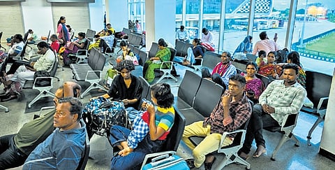 Passengers stranded at Baramunda ISBT as bus drivers cease work for fulfilment of their various demands, in Bhubaneswar on Tuesday.