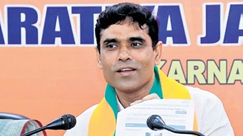 Karnataka BJP general secretary P Rajeev addresses media in Bengaluru on Tuesday.