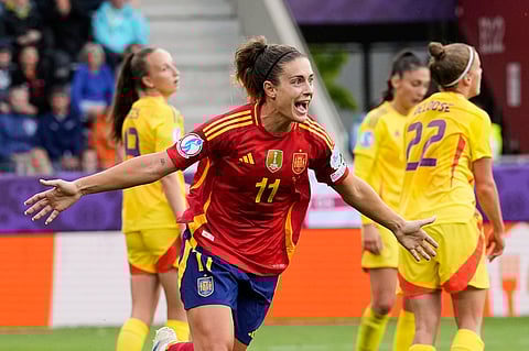 Spain's Alexia Putellas who was named player of the match celebrates after scoring her side's sixth goal during the Euro 2025, group B, soccer match between Spain and Belgium at Arena Thun in Thun, Switzerland, Monday, July 7, 2025.