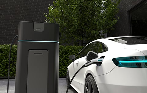 Electric car charging at home, Clean energy filling technology, a 3D illustration