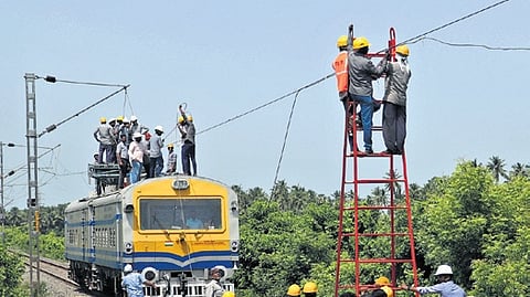 Railway staff undertake track repair works in Cuddalore