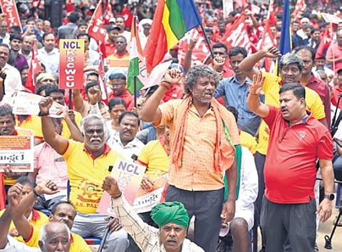 Members of trade unions protest at Freedom Park on Wednesday