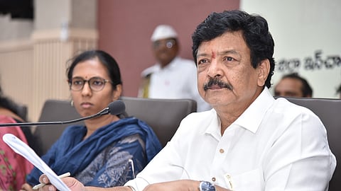 Guntur district Incharge Minister Kandula Durgesh along with MP Alla Ayodhya Rami Reddy and collector S Nagalakshmi addressing the District Review Committee (DRC) meeting in the Guntur collectorate on Tuesday.