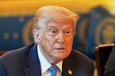 President Donald Trump attends a meeting with Israel's Prime Minister Benjamin Netanyahu in the Blue Room of the White House, Monday, July 7, 2025, in Washington.