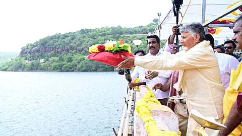 CM Nara Chandrababu Naidu gives Jalaharati to River Krishna and later he releases water downstream Srisailam reservoir on Tuesday.