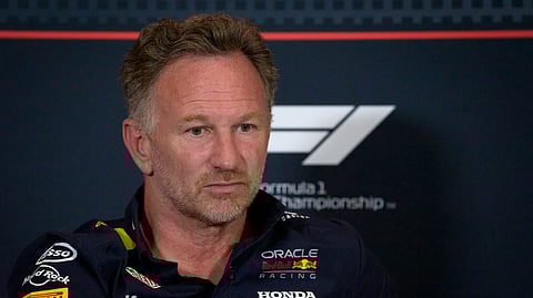 Former Red Bull team principal Christian Horner attends a news conference at the Silverstone racetrack ahead of the British Formula One Grand Prix in Silverstone, England, on Friday, July 4, 2025.