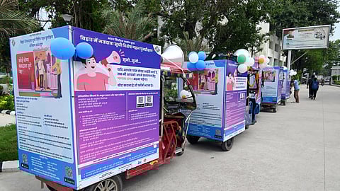 A view of voter awareness e-rickshaws ahead of the 2025 Bihar Legislative Assembly Elections in Patna, July 05, 2025.