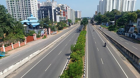 As the state's workforce mostly opting to stay indoors in support of the 24-hr nationwide general strike called by trade unions. A scene from NH 66 bypass near Kazhakootam in Thiruvananthapuram on Wednesday.