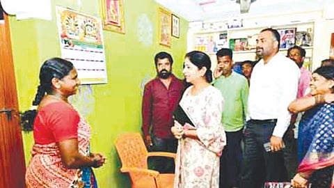 Manmeet Kaur, PMO director, inspects 2BHKs in Khairatabad on Wednesday. GHMC Commissio-ner RV Karnan also seen