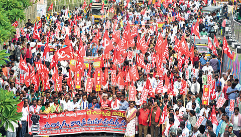Trade unions hold a rally in Vijayawada.