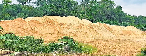 Sand illegally stacked on the embankment of Mahanadi river near Jagatpur