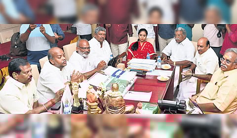 AINRC MLAs meeting Speaker R Selvam in Puducherry on Wednesday.
