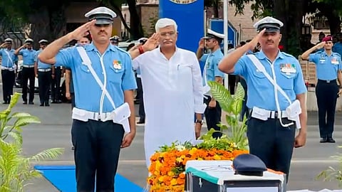 Union Minister Gajendra Singh Shekhawat pays tribute to Flight Lieutenant Rishi Raj Singh, who lost his life in the Jaguar trainer aircraft crash in Rajasthan's Churu yesterday