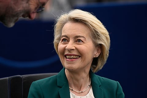 European Commission president Ursula von der Leyen smiles before delivering a speech on the preparation for the EU–China Summit, Tuesday, July 8, 2025 at the European Parliament in Strasbourg, eastern France.
