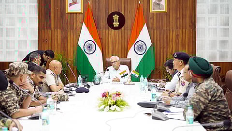 In this photo from June 8, 2025, Manipur Governor Ajay Kumar Bhalla chairs a meeting with senior officials at Raj Bhavan in Imphal.
