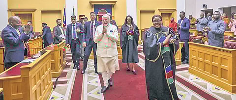 PM Narendra Modi greets a joint session of the Namibia Parliament | x