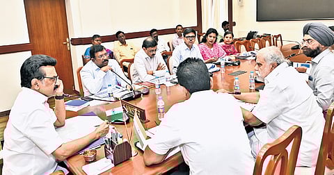 Chief Minister MK Stalin taking part in a review meeting on Friday.