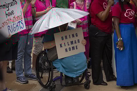Supporters of Kilmar Abrego Garcia rally outside of the US District Court in Greenbelt, Md., where a hearing was scheduled to be held on returning him to Maryland, Monday, July 7, 2025.