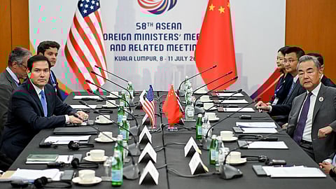 US Secretary of State Marco Rubio, front left, meets with China's Foreign Minister Wang Yi, right, during the 58th ASEAN Foreign Ministers' meeting and related meetings at the Convention Centre in Kuala Lumpur on July 11, 2025.