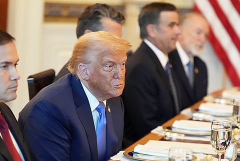 Secretary of State Marco Rubio, from left, President Donald Trump, Defense Secretary Pete Hegseth, obstructed, CIA Director John Ratcliffe and U.S. Ambassador to Israel Mike Huckabee listen during a meeting with Israel’s Prime Minister Benjamin Netanyahu in the Blue Room of the White House, Monday, July 7, 2025, in Washington.