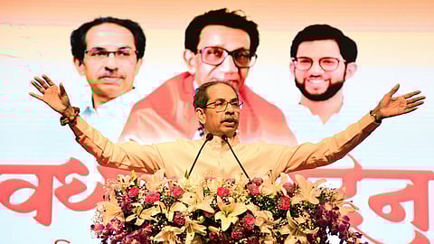 Shiv Sena (UBT) chief Uddhav Thackeray addresses a party event in Mumbai, June 19, 2025.