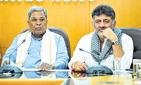 Chief Minister Siddaramaiah and DyCM DK Shivakumar at the annual general meeting of Krishna Bhagya Jala Nigam at Vidhana Soudha in Bengaluru on Friday