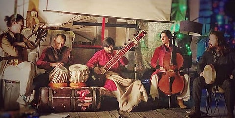 Members of World Ethnic Music Ensemble: (L-R) Loic Sanlaville, Mohit Lal, Fateh Ali Khan, Nawa Lanzilotti, and Sina Fakhroddin