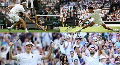 This composite of file photos features US player Taylor Fritz (top left), Spain's Carlos Alcaraz (top right), Italy's Jannik Sinner (bottom left), and Serbia's Novak Djokovic (bottom right).
