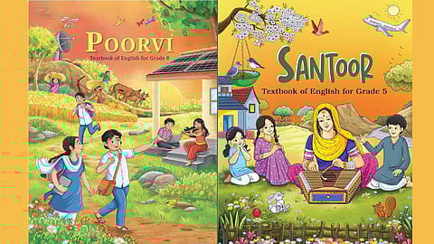 NCERT books 'Poorvi' for grade 8 and 'Santoor' for grade 5.