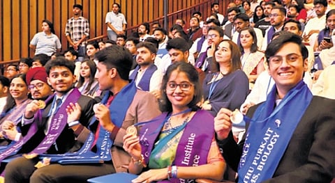 Graduates of the 2024-25 batch flaunt their medals at the IISc convocation on Friday.