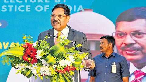 Chief Justice of India Justice BR Gavai delivers a lecture at Osmania University on Saturday.
