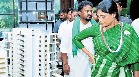 APCC president YS Sharmila at the model of Amaravati in Uddandarudupalem on Friday.