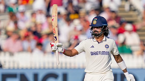 India's batter KL Rahul celebrates his half century during the second day of the third Test match between India and England, at the Lord's Cricket Ground, in London, Friday, July 11, 2025.
