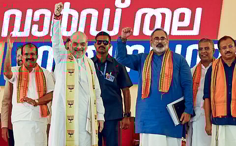 Union Home Minister Amit Shah and Kerala BJP President Rajeev Chandrasekhar and others during a public meeting, in Thiruvananthapuram, Saturday, July 12, 2025.