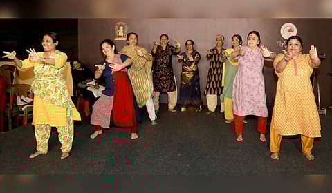 Senior women Kathakali artists practicing ahead of their 50th anniversary of Tripunithura women Kathakali troup scheduled to be held on Saturday