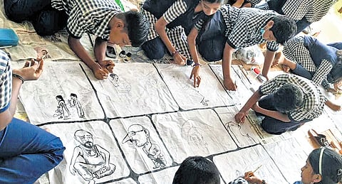 An installation of drawings by students has been set up at Sreekrishnapuram HSS, Palakkad