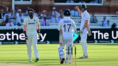 England's Zak Crawley (R) calls for medical attention on the third day of the third cricket test match between England and India at Lord's cricket ground in London, on July 12, 2025.