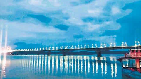 The Ambaragodlu-Kalasavalli bridge in Sagar taluk is all decked up for inauguration on Monday.