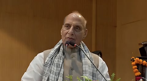 Defence Minister Rajnath Singh speaking at an event in Lucknow where he unveiled a statue of former Uttar Pradesh chief minister Chandra Bhanu Gupta at the National PG College.