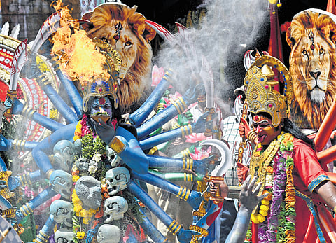 Artists performing during the Secunderabad Ujjaini Mahankali Ambari Procession in Secunderabad on Monday