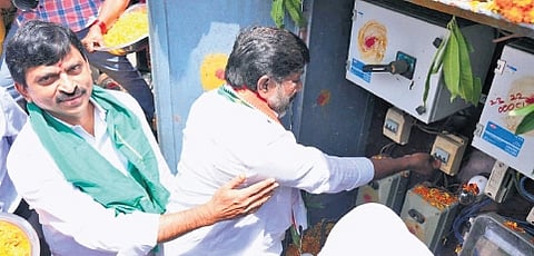 Deputy Chief Minister Mallu Bhatti Vikramarka releases water at Palair constituency, represented by minister Ponguleti Srinivasa Reddy, in Khammam district on Monday