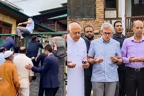 (L) This screengrab shows Jammu and Kashmir Chief Minister Omar Abdullah climbing a fence to pay tribute to July 13 martyrs at Naqshband Sahib graveyard in the Old City of Srinagar. (R) Omar Abdullah, National Conference (JKNC) chief Farooq Abdullah and others pay tribute to July 13 martyrs at Naqshband Sahib graveyard